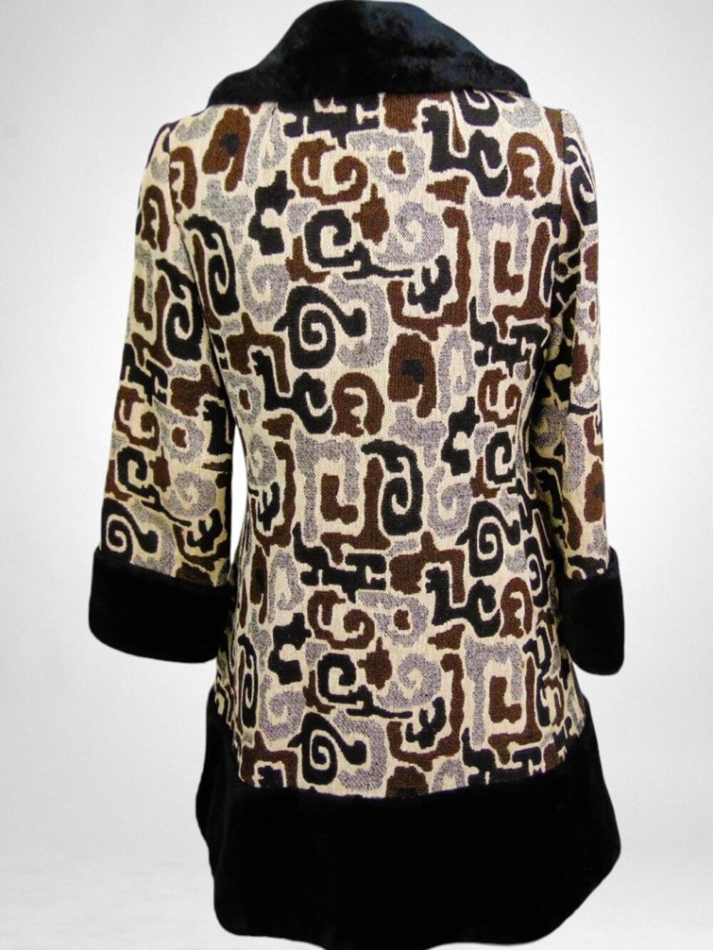 Vintage 1960s Mar-Del by Rice Jacquard Coat Faux Fur Trim A-Line Mod Statement M - Picture 7 of 13